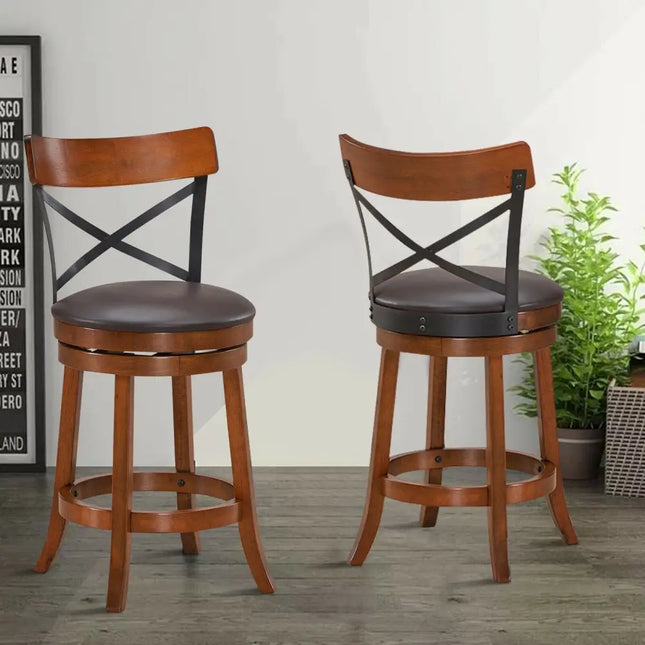 Set of 2 Bar Stools 360-Degree Swivel Dining Bar Chairs with Rubber Wood Legs-M - Walnut - Bar Stools