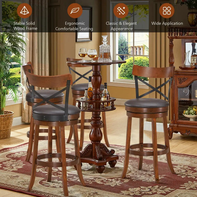 Set of 2 Bar Stools 360-Degree Swivel Dining Bar Chairs with Rubber Wood Legs-L - Walnut - Bar Stools