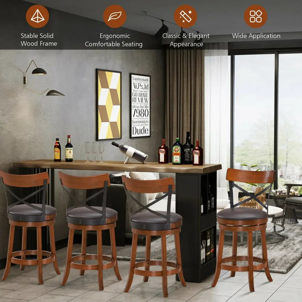 Set of 2 Bar Stools 360-Degree Swivel Dining Bar Chairs with Rubber Wood Legs-M - Walnut - Bar Stools