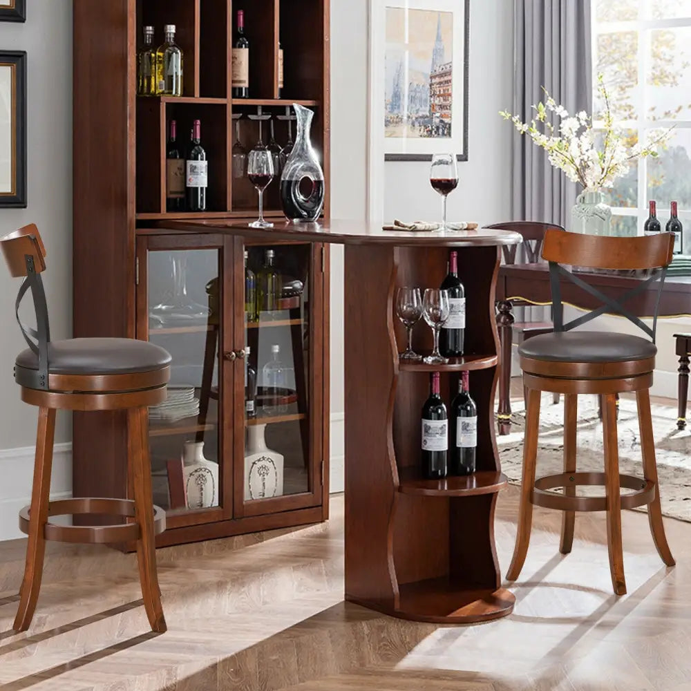 Set of 2 Bar Stools 360-Degree Swivel Dining Bar Chairs with Rubber Wood Legs-L - Walnut - Bar Stools