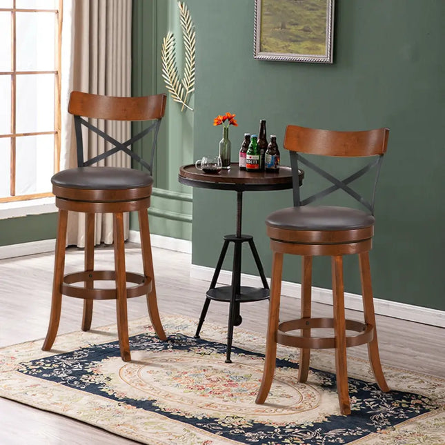 Set of 2 Bar Stools 360-Degree Swivel Dining Bar Chairs with Rubber Wood Legs-L - Walnut - Bar Stools