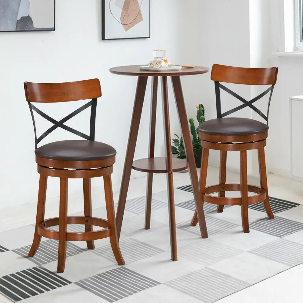 Set of 2 Bar Stools 360-Degree Swivel Dining Bar Chairs with Rubber Wood Legs-M - Walnut - Bar Stools