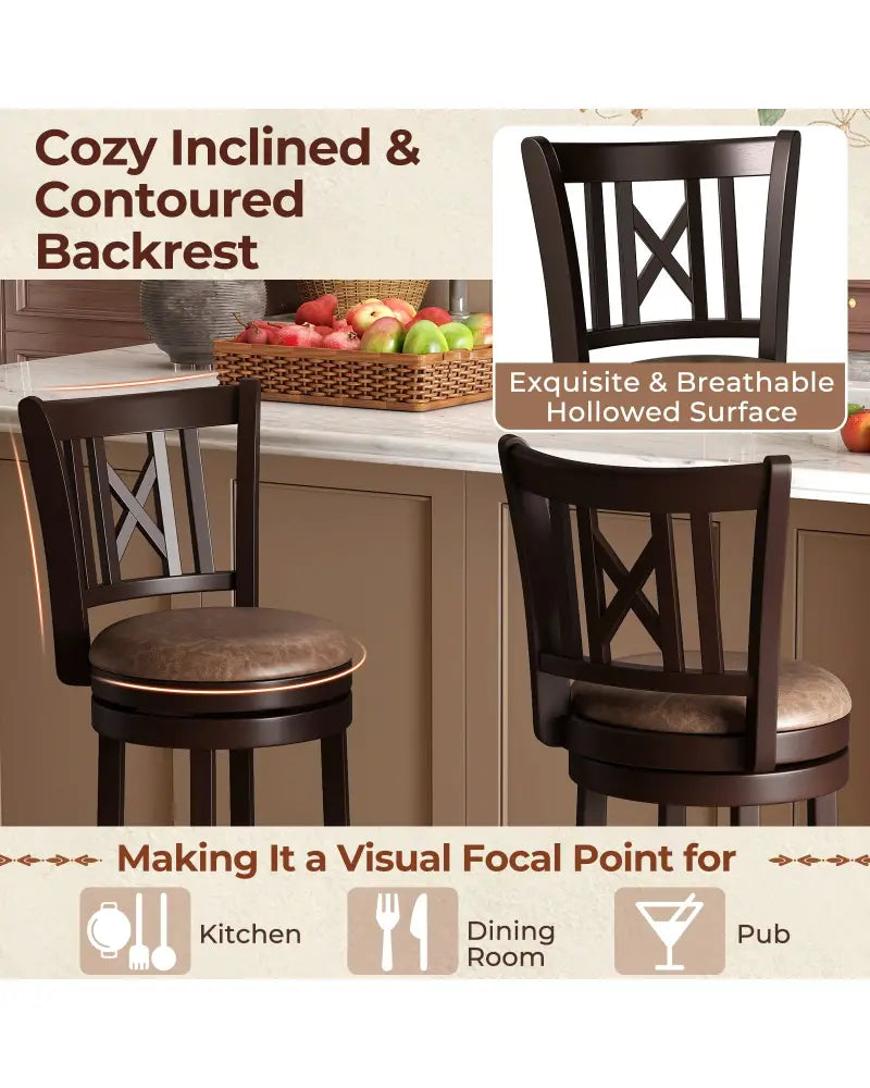 Set of 2 Bar Stools Swivel Bar Chairs with Footrest and Hollowed Backrest-26 inches - Bar Stools