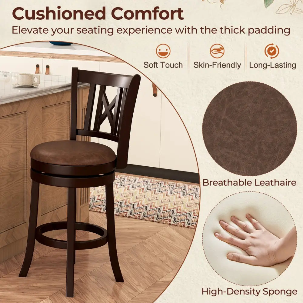 Set of 2 Bar Stools Swivel Bar Chairs with Footrest and Hollowed Backrest-26 inches - Bar Stools