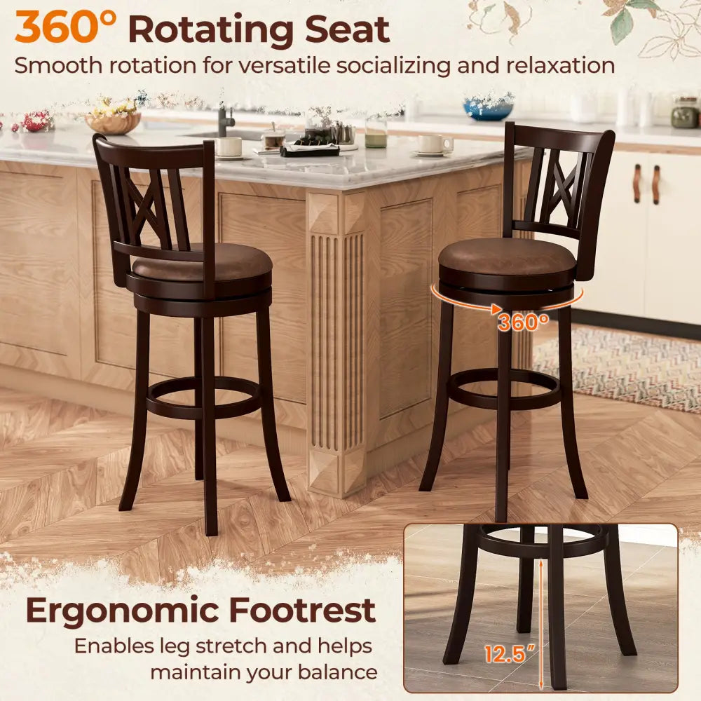 Set of 2 Bar Stools Swivel Bar Chairs with Footrest and Hollowed Backrest-30 inches - Bar Stools