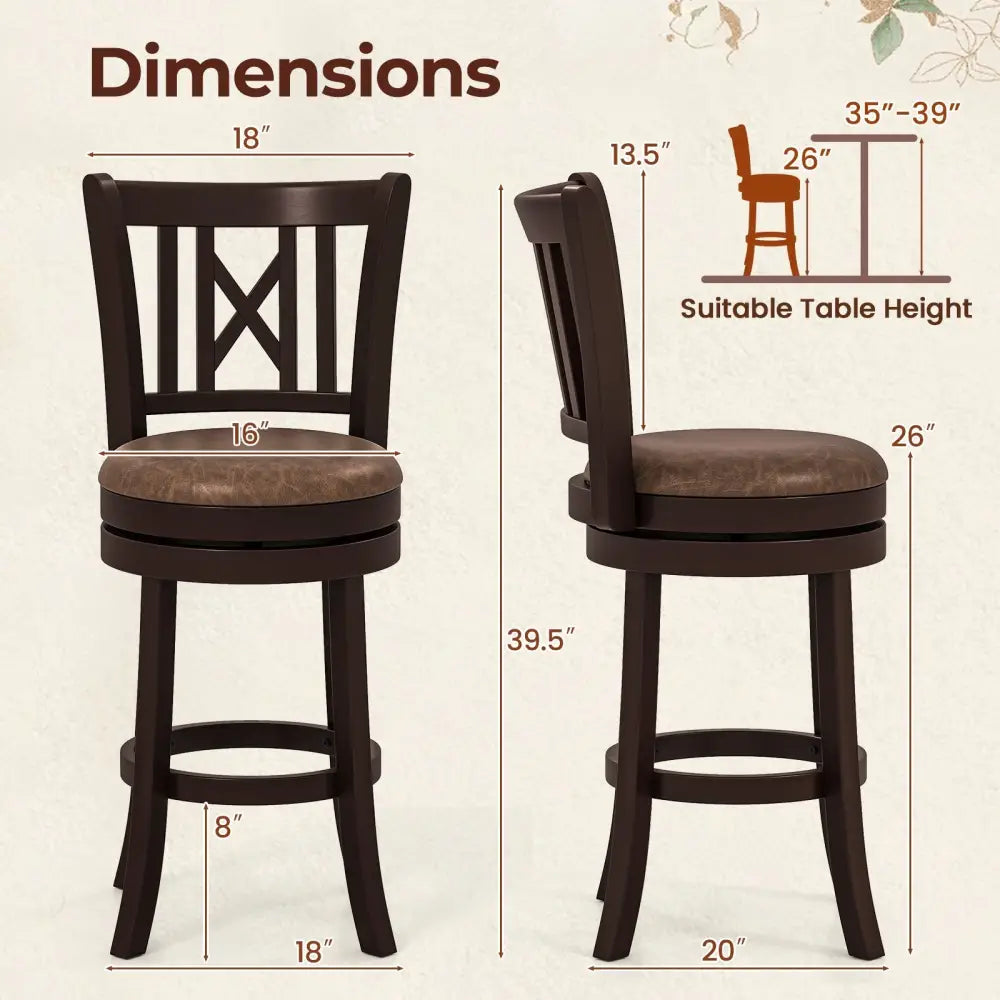 Set of 2 Bar Stools Swivel Bar Chairs with Footrest and Hollowed Backrest-26 inches - Bar Stools