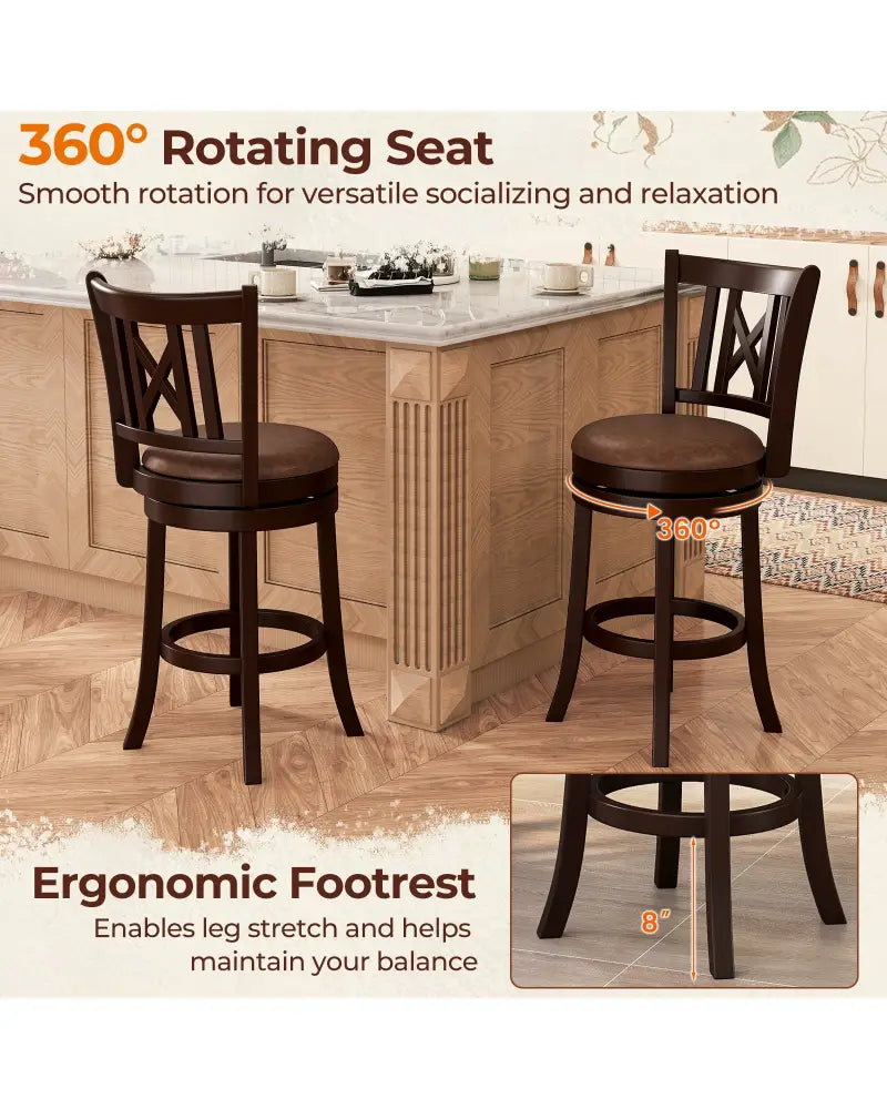 Set of 2 Bar Stools Swivel Bar Chairs with Footrest and Hollowed Backrest-26 inches - Bar Stools