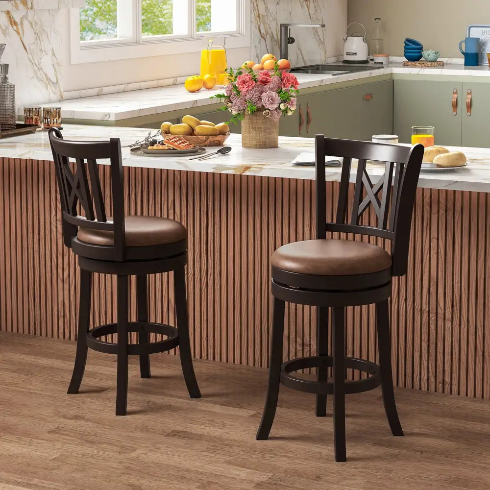 Set of 2 Bar Stools Swivel Bar Chairs with Footrest and Hollowed Backrest-26 inches - Bar Stools