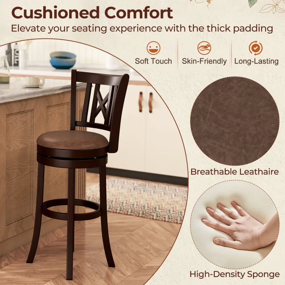 Set of 2 Bar Stools Swivel Bar Chairs with Footrest and Hollowed Backrest-30 inches - Bar Stools