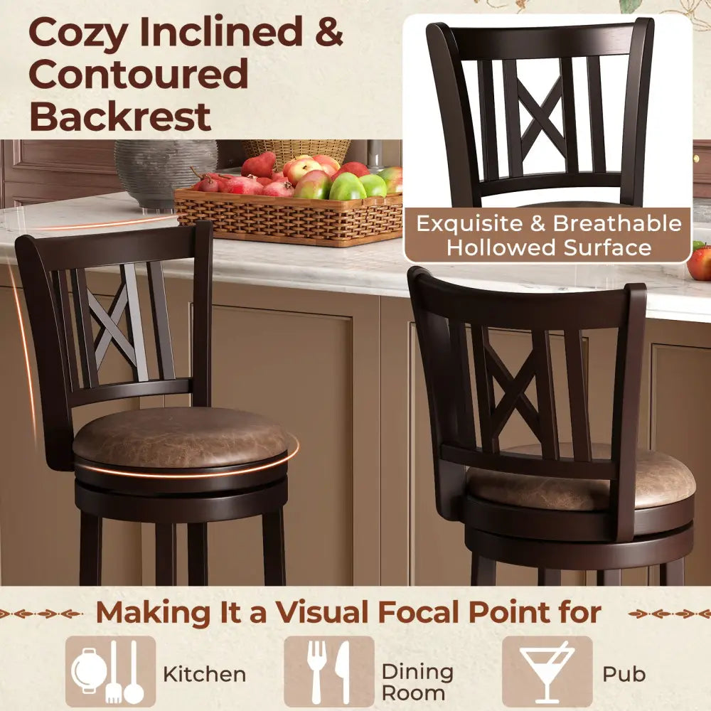 Set of 2 Bar Stools Swivel Bar Chairs with Footrest and Hollowed Backrest-30 inches - Bar Stools