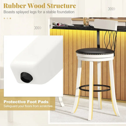Set of 2 Bar Stools Swivel Bar Chairs with Footrest Rubber Wood Frame and Tufted Rivets-30 inches - Bar Stools
