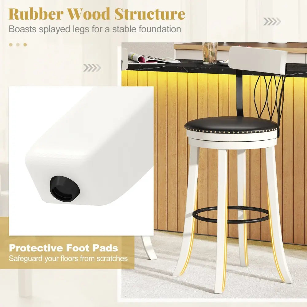 Set of 2 Bar Stools Swivel Bar Chairs with Footrest Rubber Wood Frame and Tufted Rivets-30 inches - Bar Stools