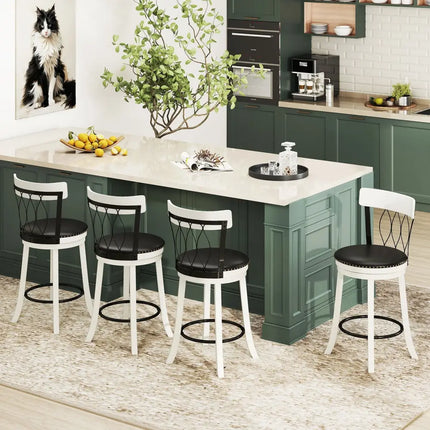 Set of 2 Bar Stools Swivel Bar Chairs with Footrest Rubber Wood Frame and Tufted Rivets-26 inches - Bar Stools