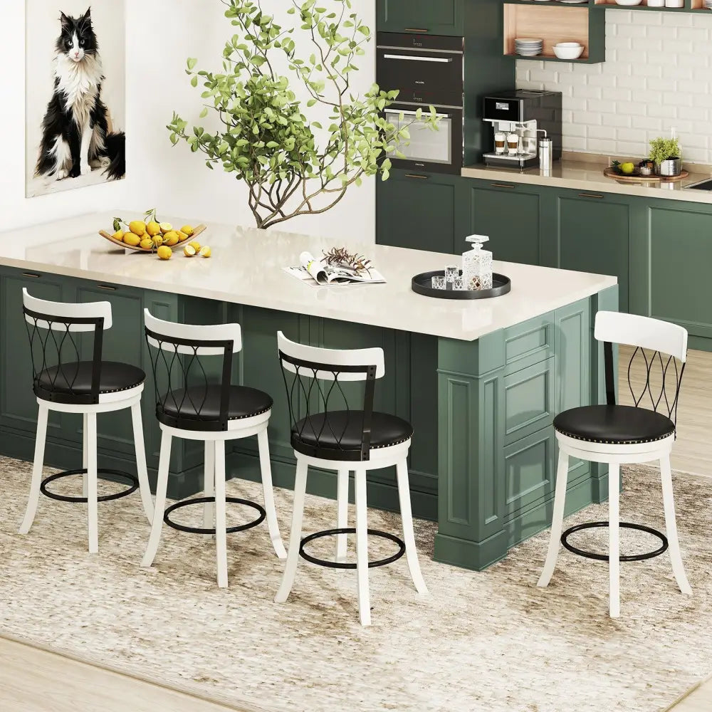 Set of 2 Bar Stools Swivel Bar Chairs with Footrest Rubber Wood Frame and Tufted Rivets-26 inches - Bar Stools