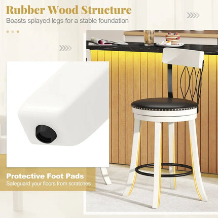 Set of 2 Bar Stools Swivel Bar Chairs with Footrest Rubber Wood Frame and Tufted Rivets-26 inches - Bar Stools