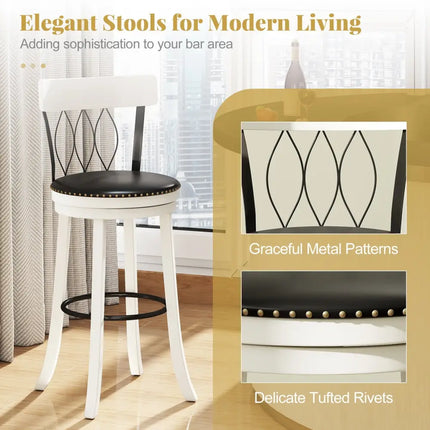 Set of 2 Bar Stools Swivel Bar Chairs with Footrest Rubber Wood Frame and Tufted Rivets-30 inches - Bar Stools