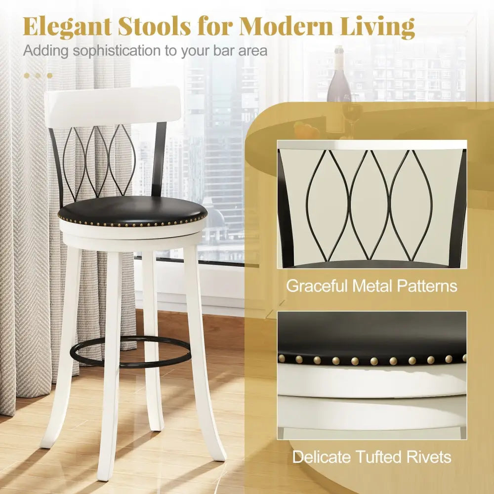 Set of 2 Bar Stools Swivel Bar Chairs with Footrest Rubber Wood Frame and Tufted Rivets-30 inches - Bar Stools