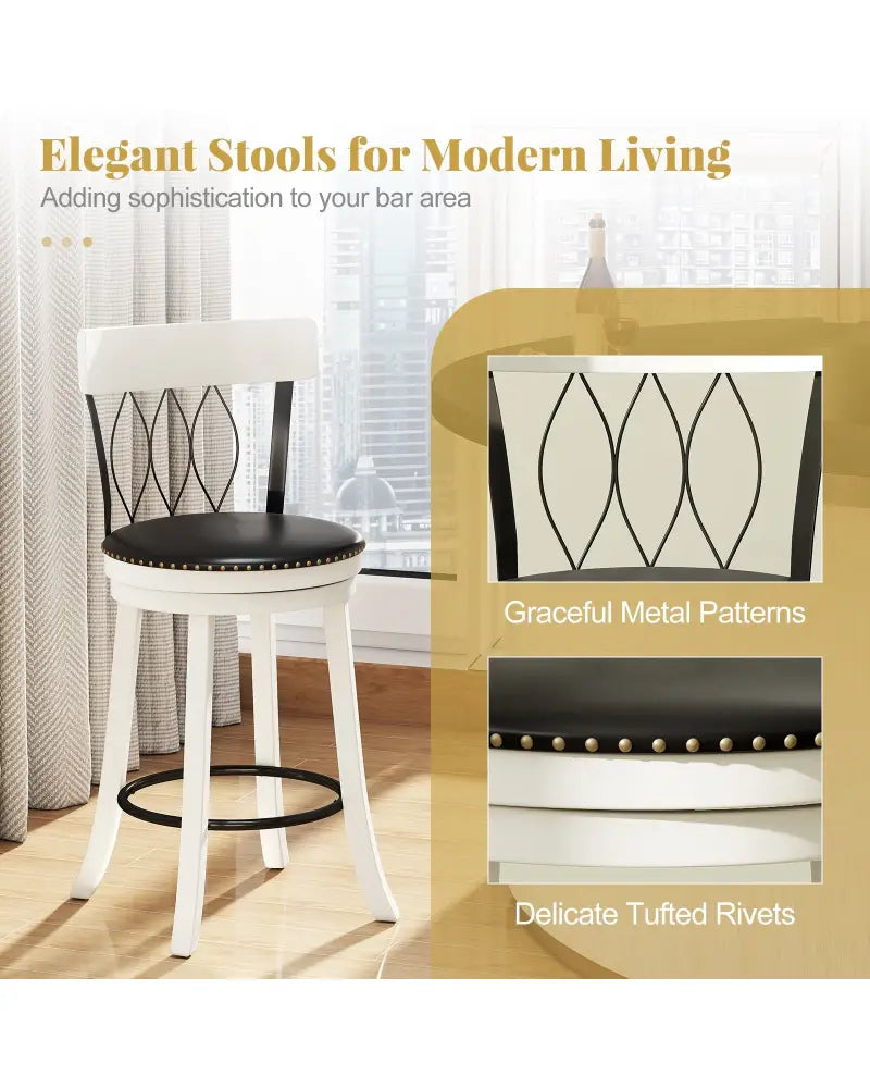 Set of 2 Bar Stools Swivel Bar Chairs with Footrest Rubber Wood Frame and Tufted Rivets-26 inches - Bar Stools