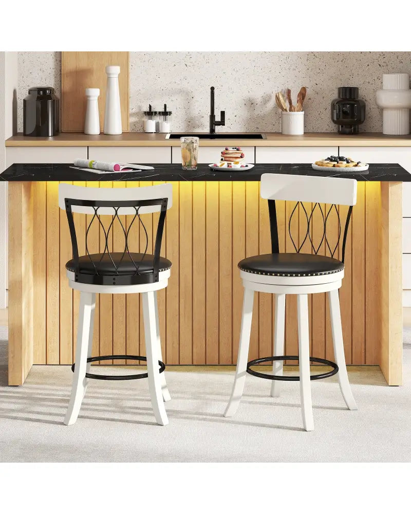 Set of 2 Bar Stools Swivel Bar Chairs with Footrest Rubber Wood Frame and Tufted Rivets-26 inches - Bar Stools