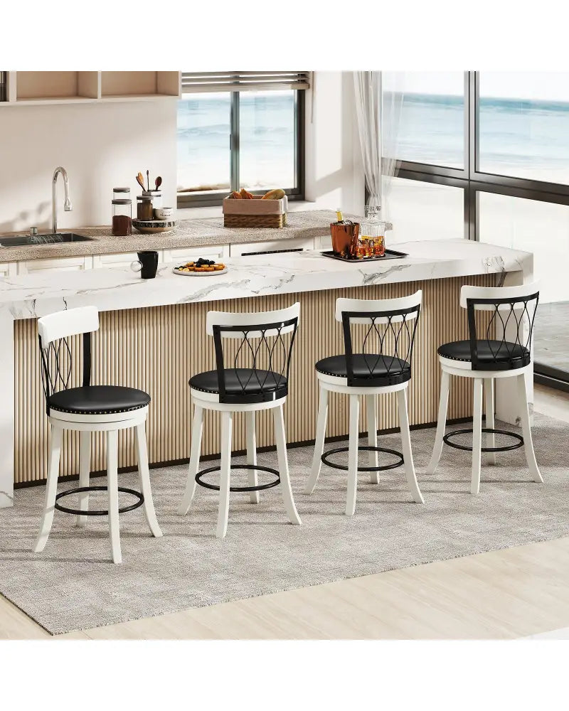 Set of 2 Bar Stools Swivel Bar Chairs with Footrest Rubber Wood Frame and Tufted Rivets-26 inches - Bar Stools