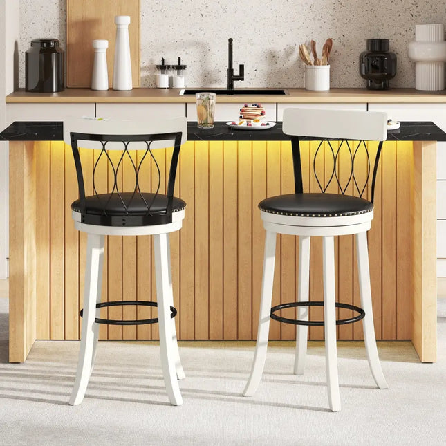 Set of 2 Bar Stools Swivel Bar Chairs with Footrest Rubber Wood Frame and Tufted Rivets-30 inches - Bar Stools