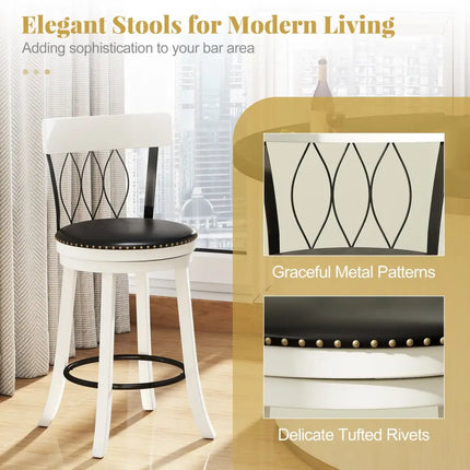 Set of 2 Bar Stools Swivel Bar Chairs with Footrest Rubber Wood Frame and Tufted Rivets-26 inches - Bar Stools