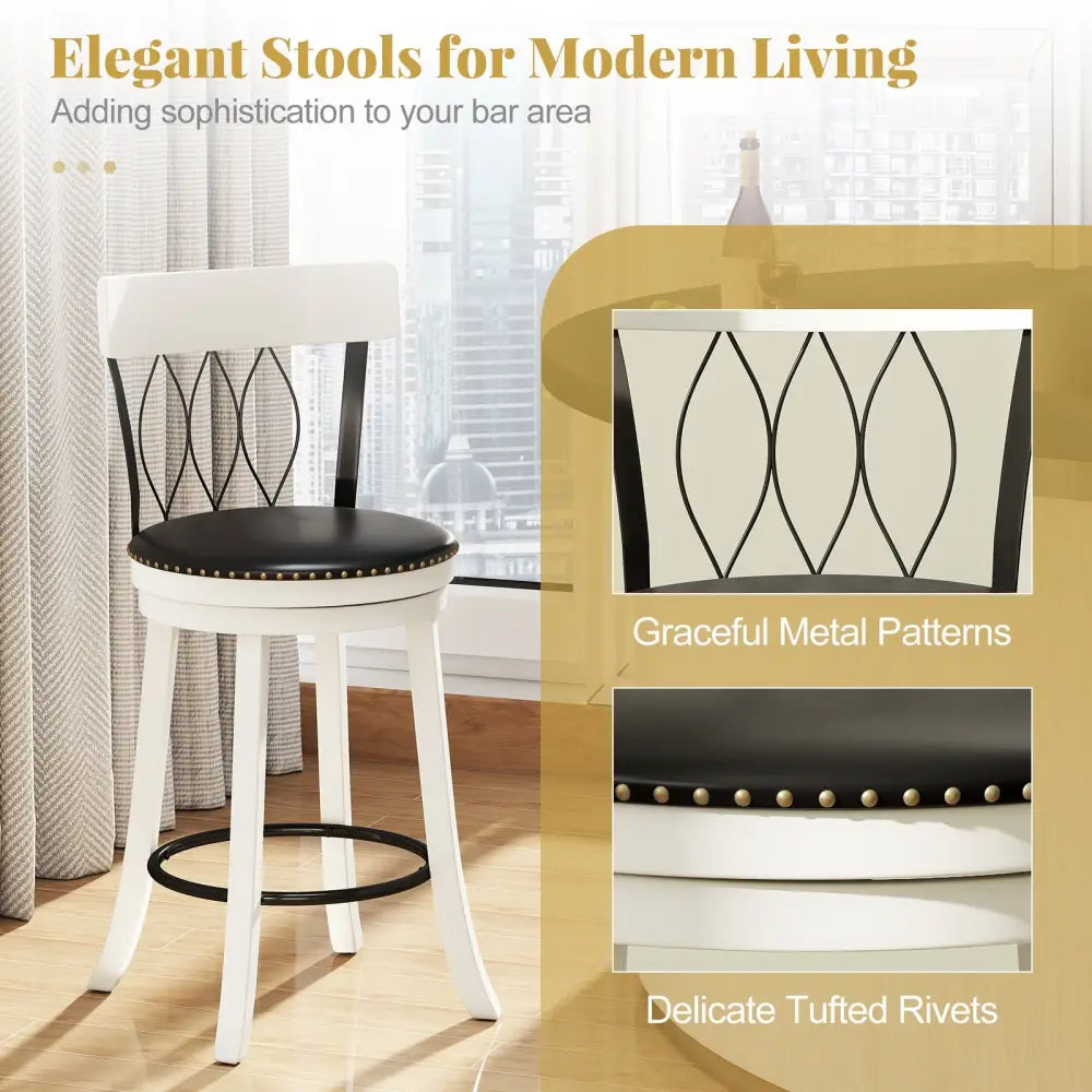 Set of 2 Bar Stools Swivel Bar Chairs with Footrest Rubber Wood Frame and Tufted Rivets-26 inches - Bar Stools