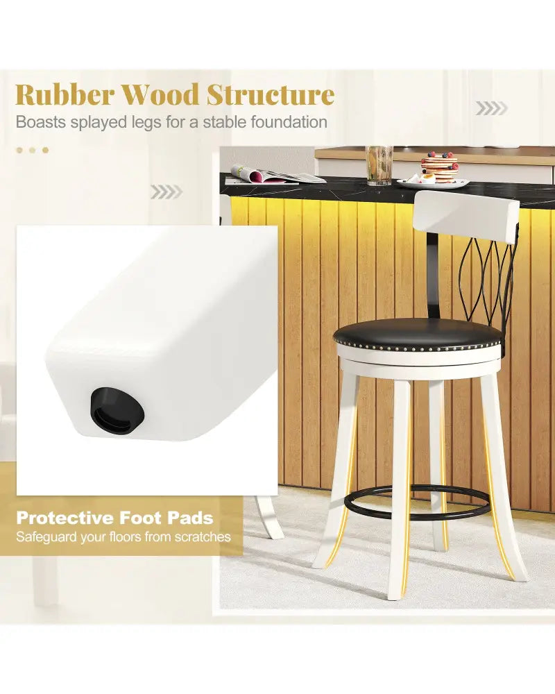 Set of 2 Bar Stools Swivel Bar Chairs with Footrest Rubber Wood Frame and Tufted Rivets-26 inches - Bar Stools