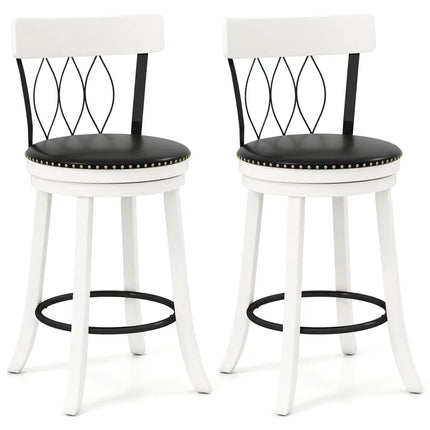 Set of 2 Bar Stools Swivel Bar Chairs with Footrest Rubber Wood Frame and Tufted Rivets-26 inches - Bar Stools