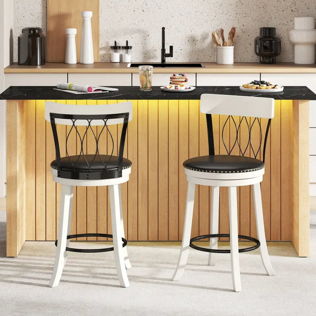 Set of 2 Bar Stools Swivel Bar Chairs with Footrest Rubber Wood Frame and Tufted Rivets-26 inches - Bar Stools