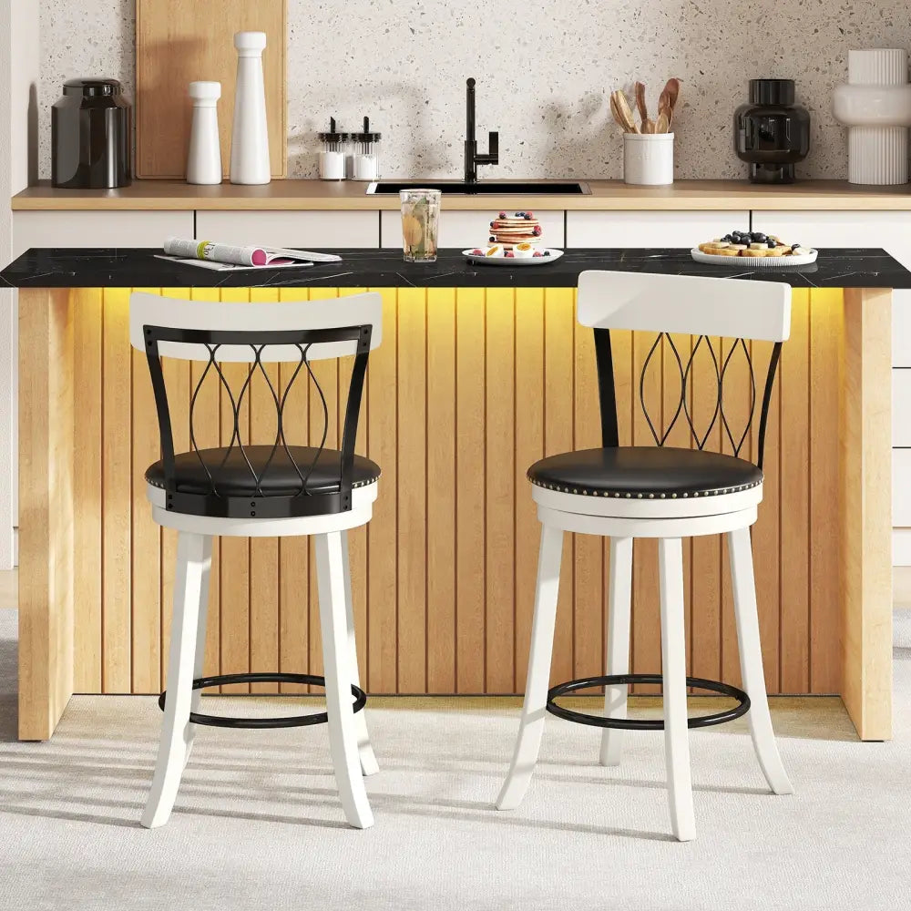 Set of 2 Bar Stools Swivel Bar Chairs with Footrest Rubber Wood Frame and Tufted Rivets-26 inches - Bar Stools