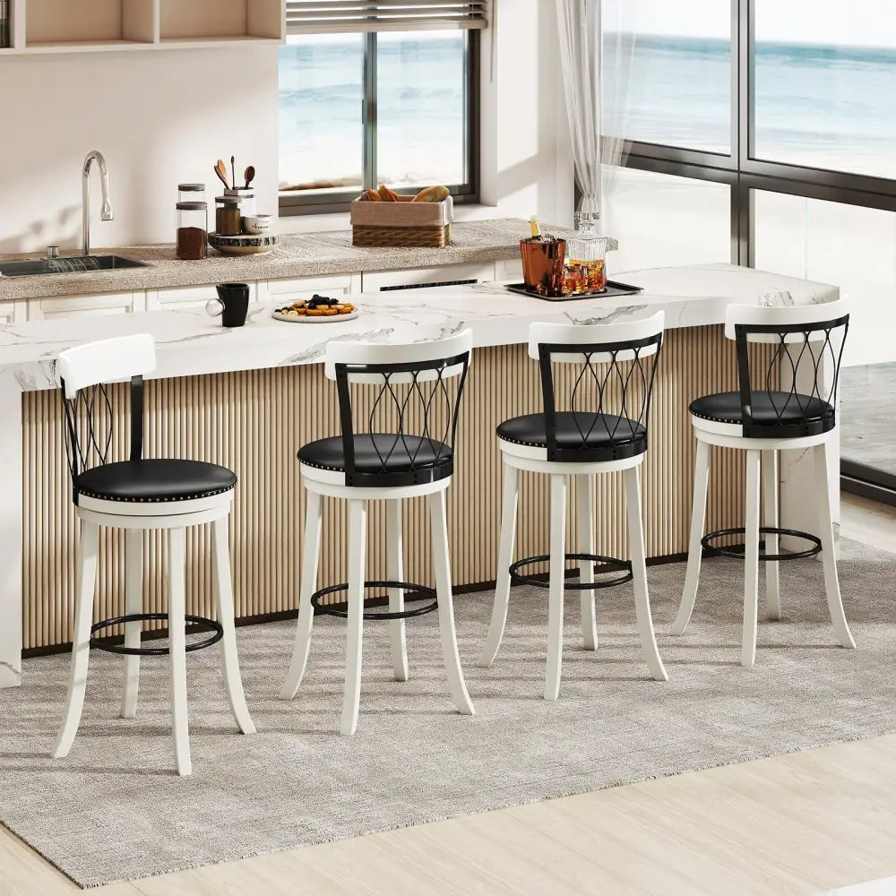Set of 2 Bar Stools Swivel Bar Chairs with Footrest Rubber Wood Frame and Tufted Rivets-30 inches - Bar Stools