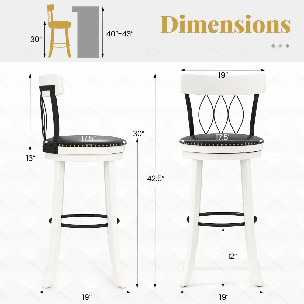 Set of 2 Bar Stools Swivel Bar Chairs with Footrest Rubber Wood Frame and Tufted Rivets-30 inches - Bar Stools
