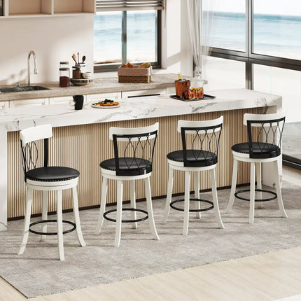 Set of 2 Bar Stools Swivel Bar Chairs with Footrest Rubber Wood Frame and Tufted Rivets-26 inches - Bar Stools