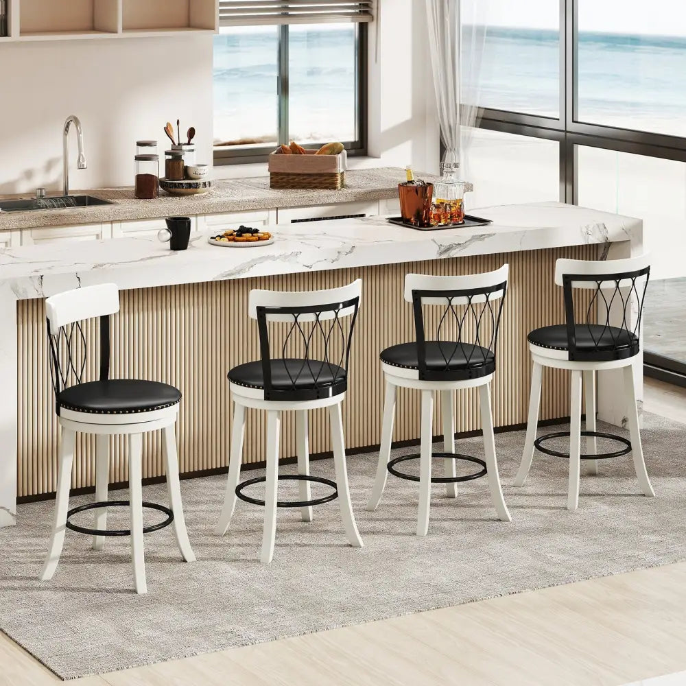Set of 2 Bar Stools Swivel Bar Chairs with Footrest Rubber Wood Frame and Tufted Rivets-26 inches - Bar Stools