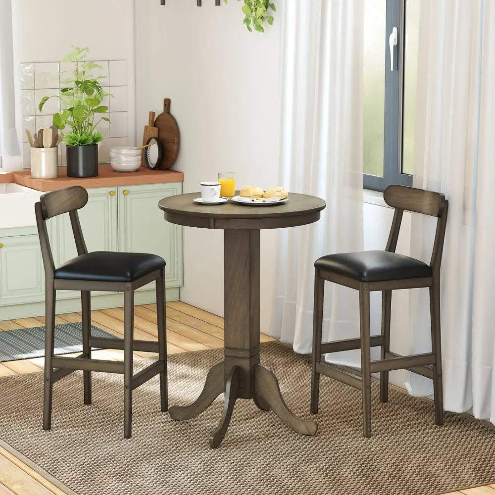 Set of 2 Bar Stools Upholstered with Rubber Wood Legs and Footrests-Oak - Oak - Bar Stools