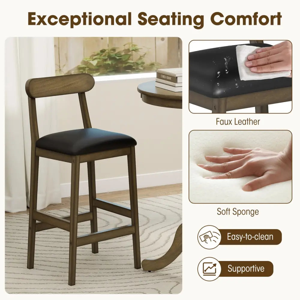 Set of 2 Bar Stools Upholstered with Rubber Wood Legs and Footrests-Oak - Oak - Bar Stools