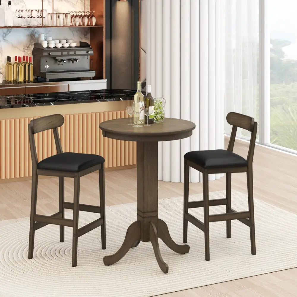 Set of 2 Bar Stools Upholstered with Rubber Wood Legs and Footrests-Oak - Oak - Bar Stools