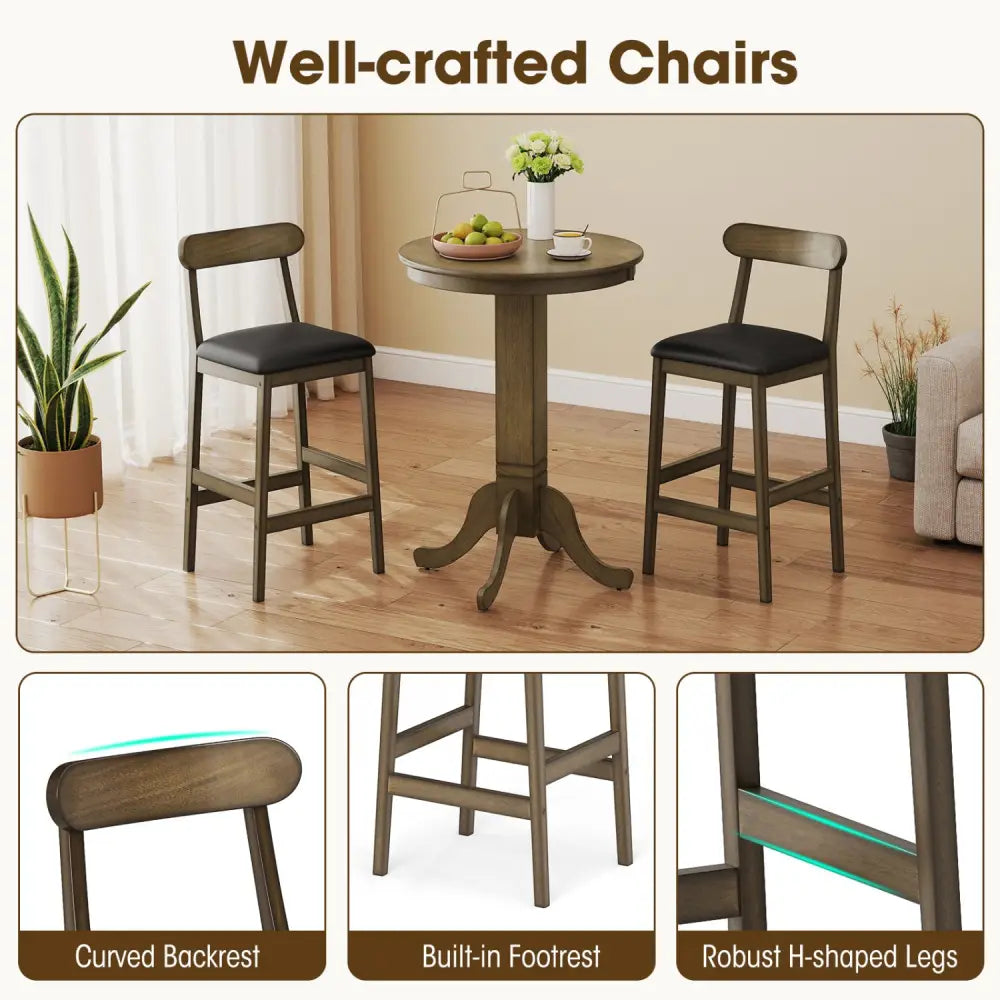 Set of 2 Bar Stools Upholstered with Rubber Wood Legs and Footrests-Oak - Oak - Bar Stools