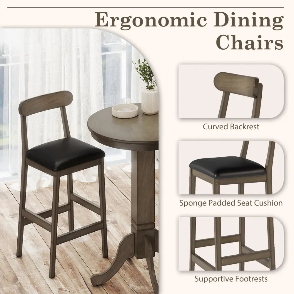 Set of 2 Bar Stools Upholstered with Rubber Wood Legs and Footrests-Oak - Oak - Bar Stools