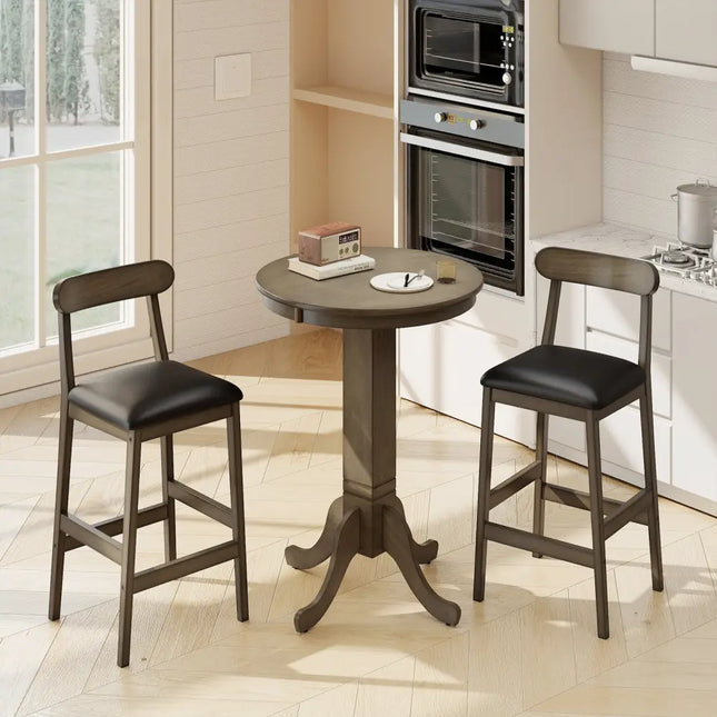 Set of 2 Bar Stools Upholstered with Rubber Wood Legs and Footrests-Oak - Oak - Bar Stools