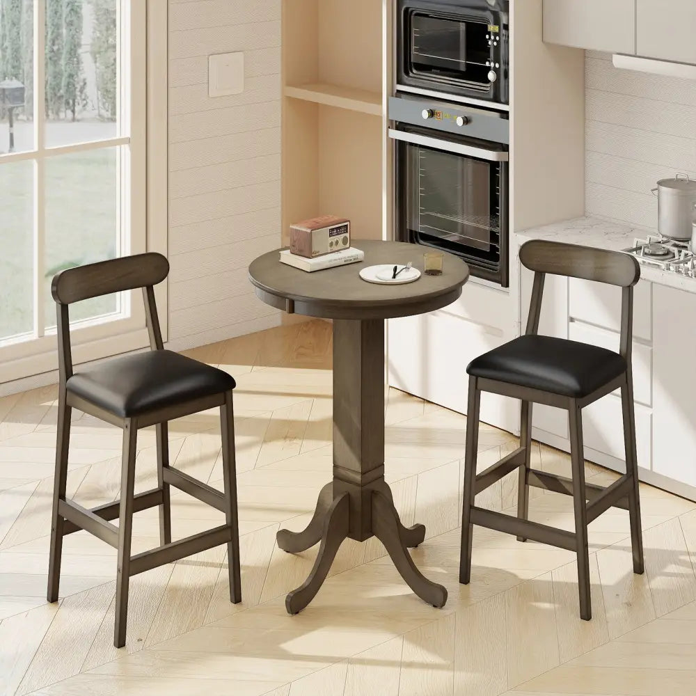 Set of 2 Bar Stools Upholstered with Rubber Wood Legs and Footrests-Oak - Oak - Bar Stools