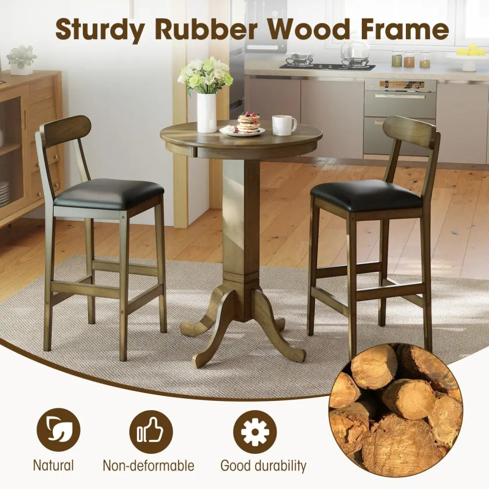 Set of 2 Bar Stools Upholstered with Rubber Wood Legs and Footrests-Oak - Oak - Bar Stools