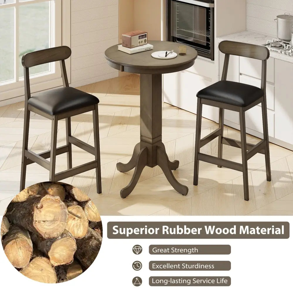 Set of 2 Bar Stools Upholstered with Rubber Wood Legs and Footrests-Oak - Oak - Bar Stools