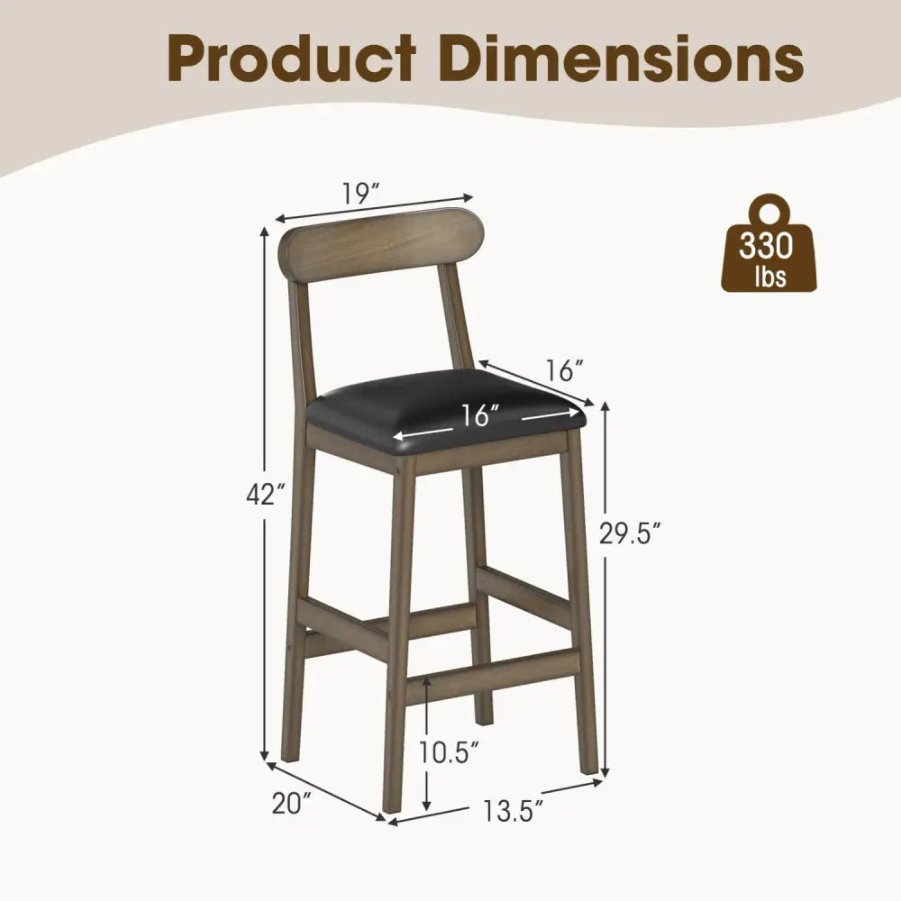 Set of 2 Bar Stools Upholstered with Rubber Wood Legs and Footrests-Oak - Oak - Bar Stools