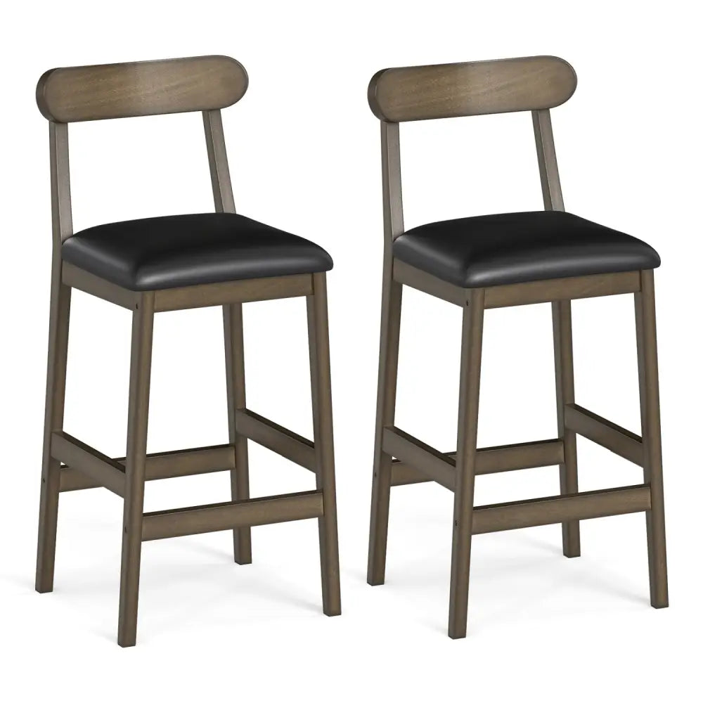 Set of 2 Bar Stools Upholstered with Rubber Wood Legs and Footrests-Oak - Oak - Bar Stools