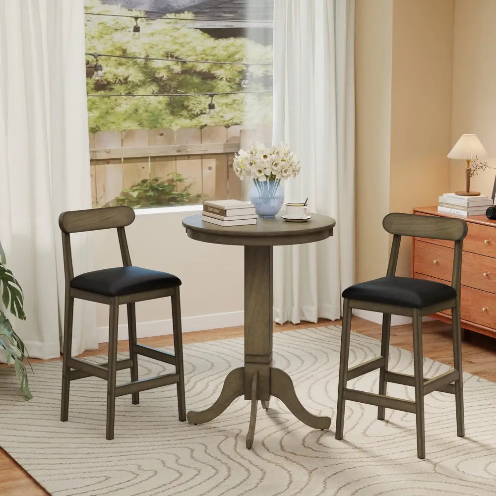 Set of 2 Bar Stools Upholstered with Rubber Wood Legs and Footrests-Oak - Oak - Bar Stools