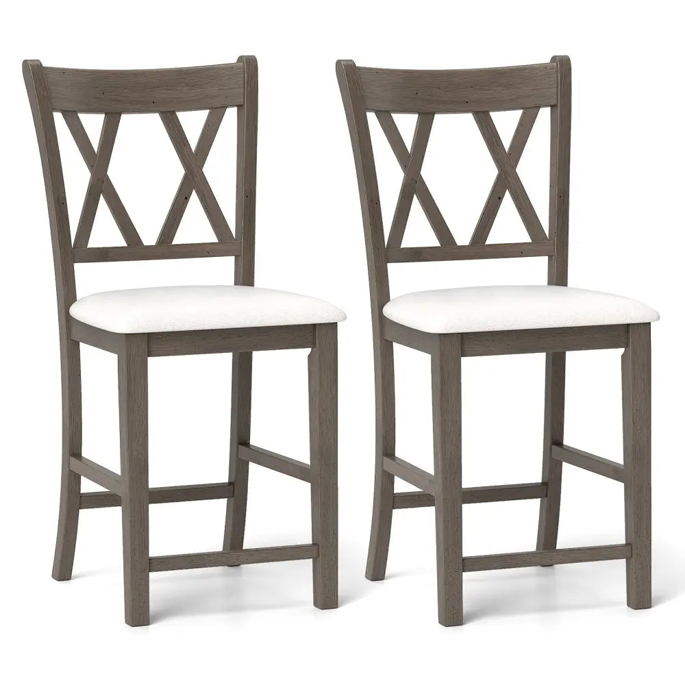 Set of 2 Bar Stools with Cross Back and Linen Fabric Upholstered Seat-Beige - Beige - Bar Stools