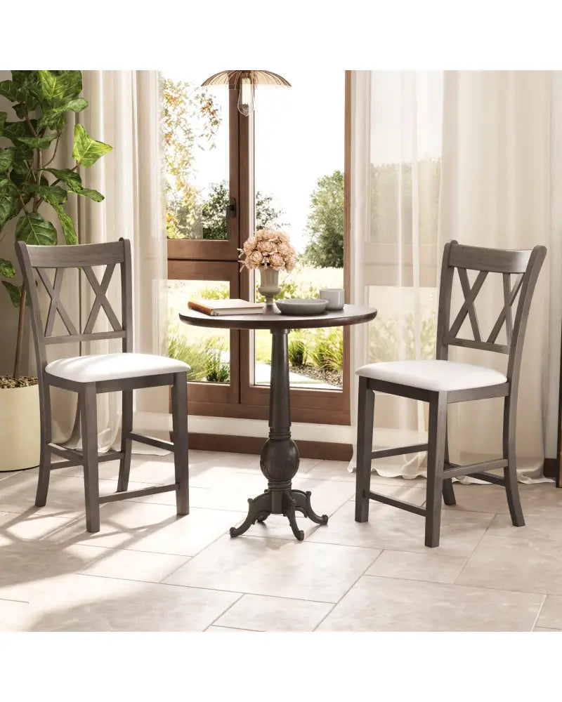 Set of 2 Bar Stools with Cross Back and Linen Fabric Upholstered Seat-Beige - Beige - Bar Stools