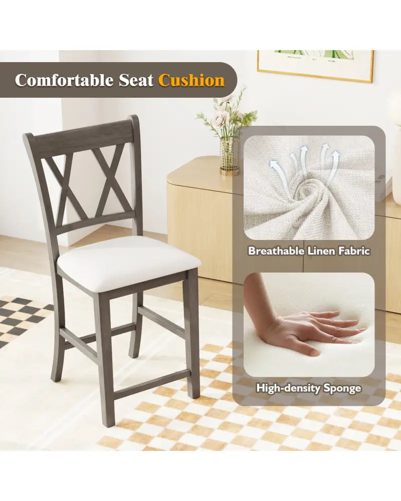 Set of 2 Bar Stools with Cross Back and Linen Fabric Upholstered Seat-Beige - Beige - Bar Stools